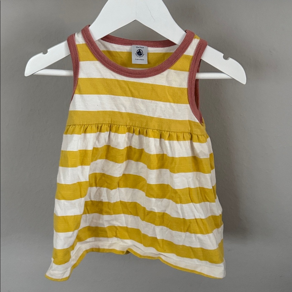 Petit Bateau Yellow and White Striped Dress with Pink Trim size 12M
